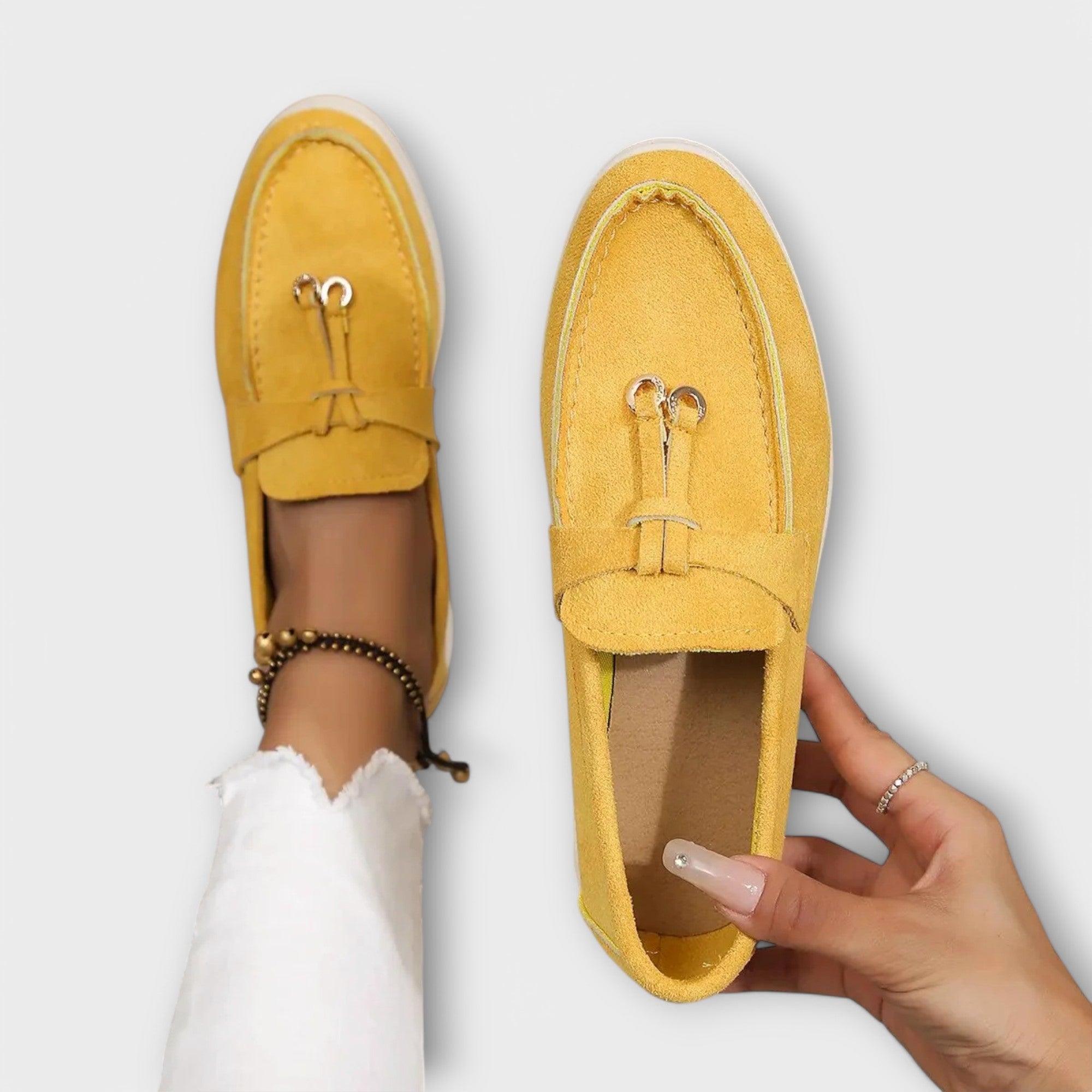 Blanca™ - Mocasines beige femeninos con cordón decorativo