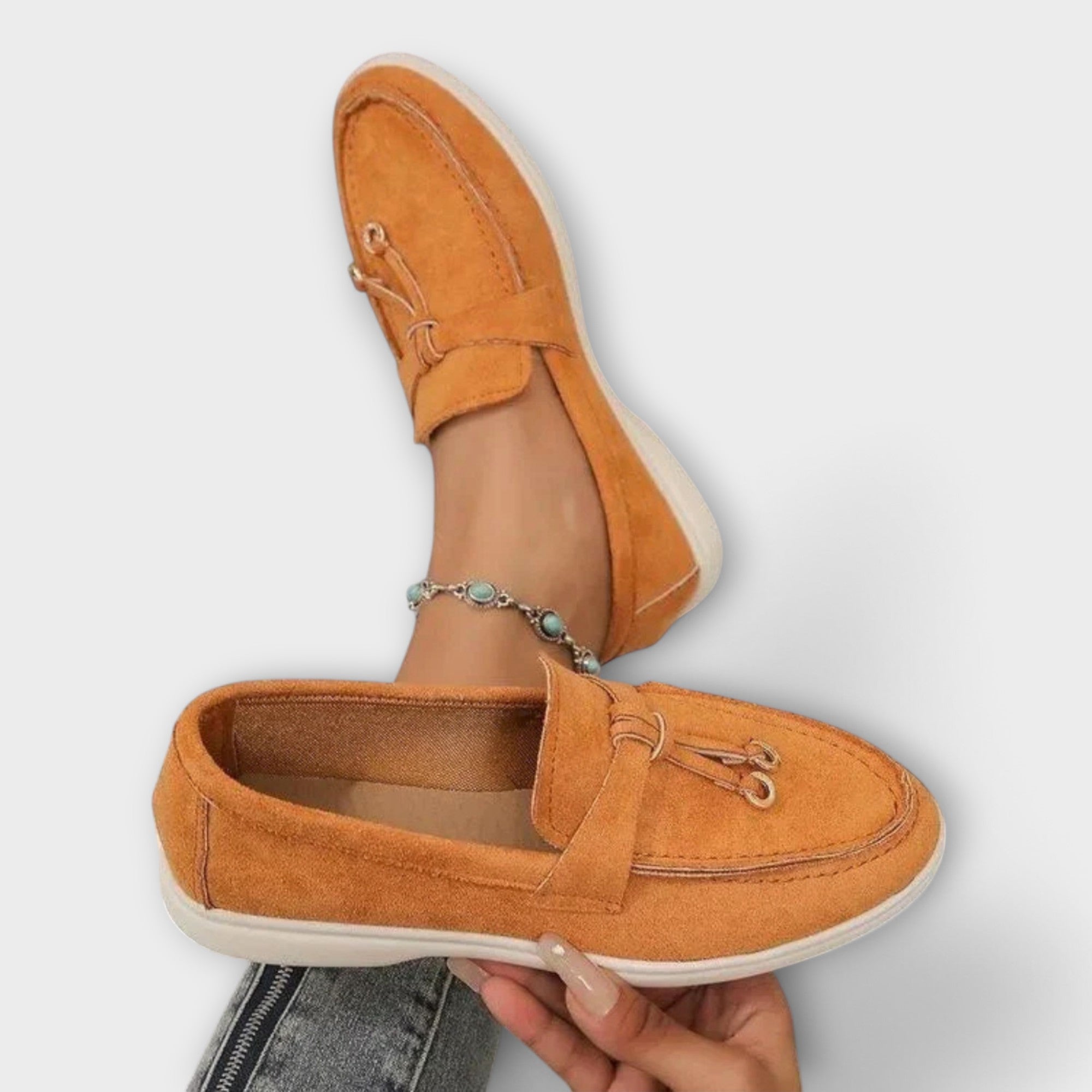 Blanca™ - Mocasines beige femeninos con cordón decorativo