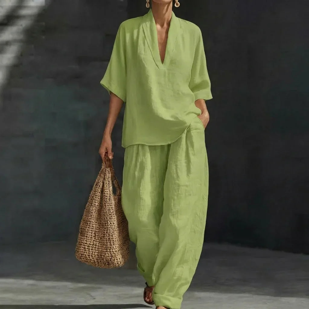 Conjunto Dolores™ | Conjunto de lino con mangas murciélago y pantalón ancho