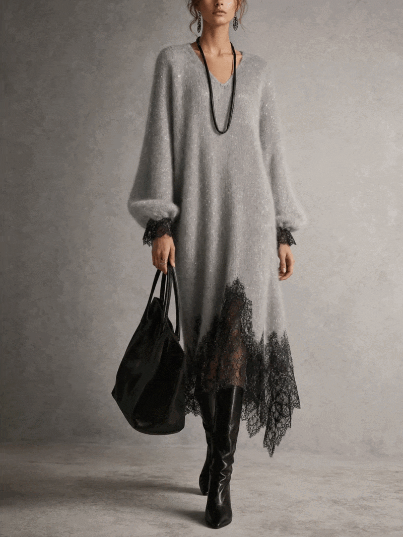 Gema | Vestido Midi de Punto Gris con Bajo de Encaje