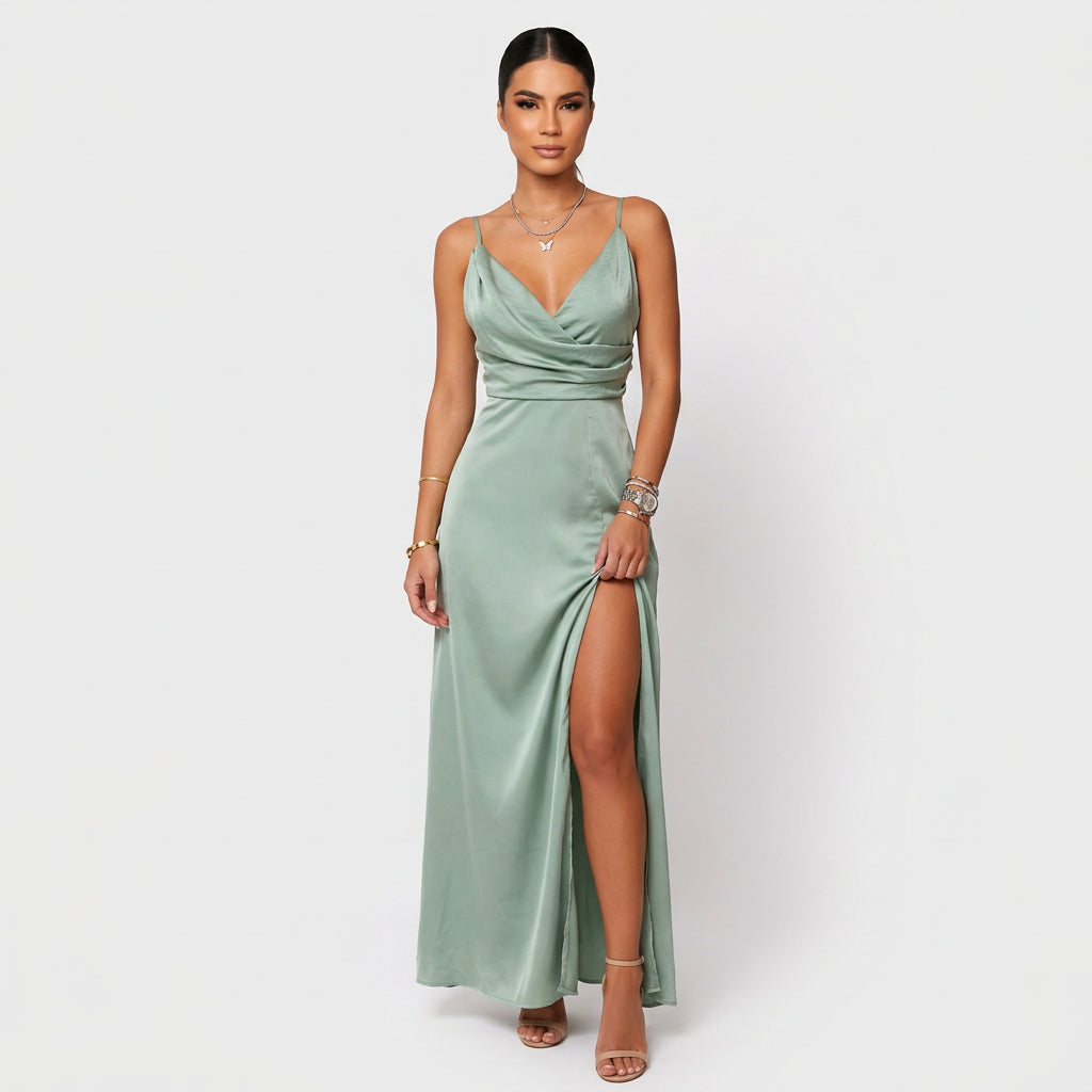 Vestido Lara™ | Maxi Elegante Verde Agua y Crema