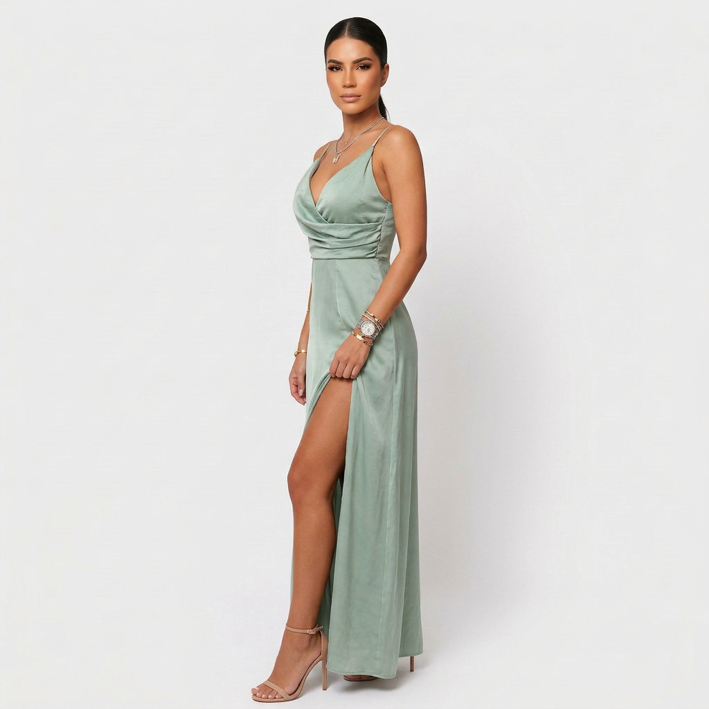 Vestido Lara™ | Maxi Elegante Verde Agua y Crema