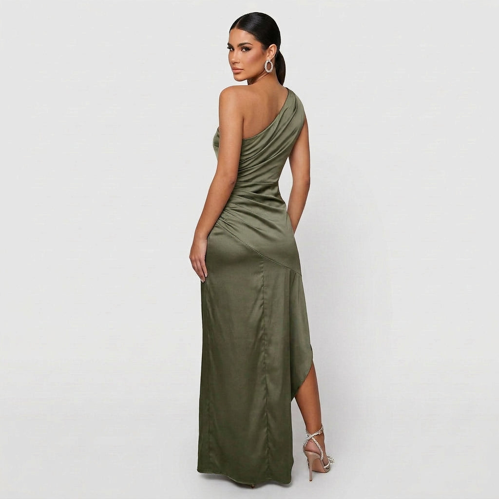 Vestido Andrea™ | Maxi Atemporal Verde Oliva y Negro