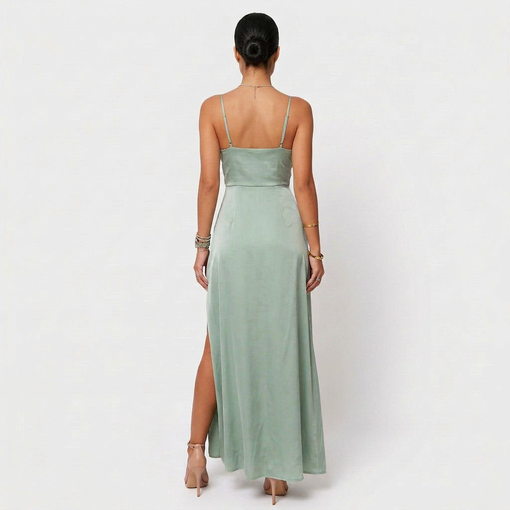 Vestido Lara™ | Maxi Elegante Verde Agua y Crema