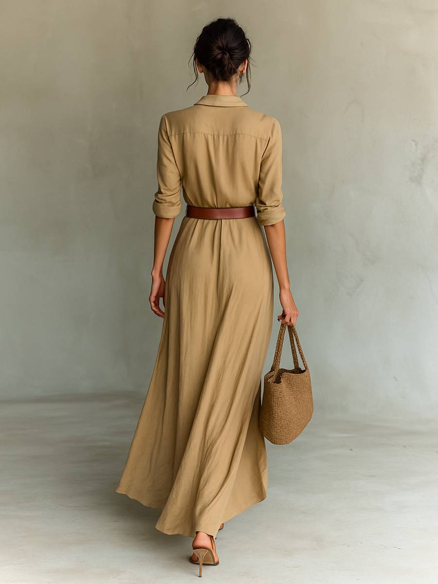 Vestido Maxi Largo con Cuello y Cintura Incluida