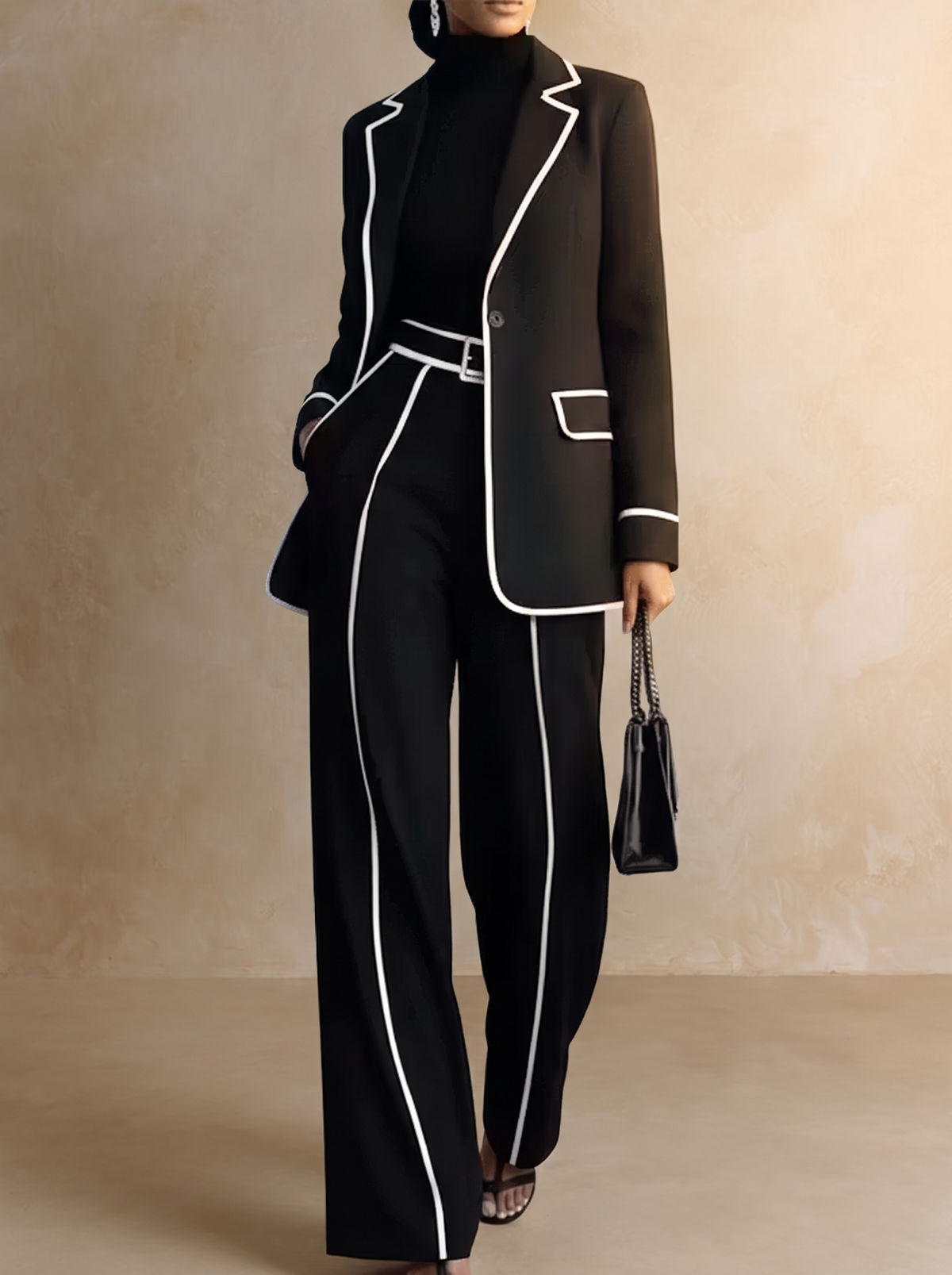 Clementina | Conjunto de Saco y Pantalón con Ribetes en Contraste, Negro
