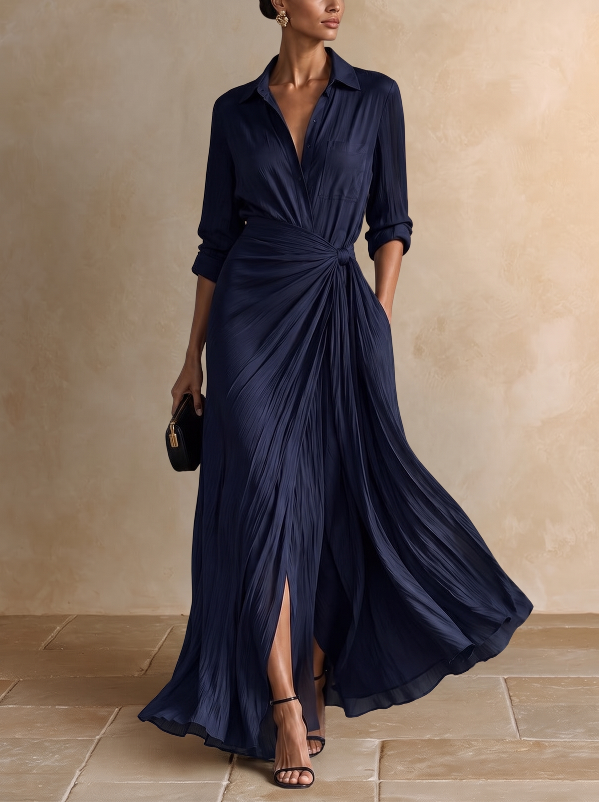 Allegra | Vestido Camisero Largo con Nudo en la Cintura, Azul Marino