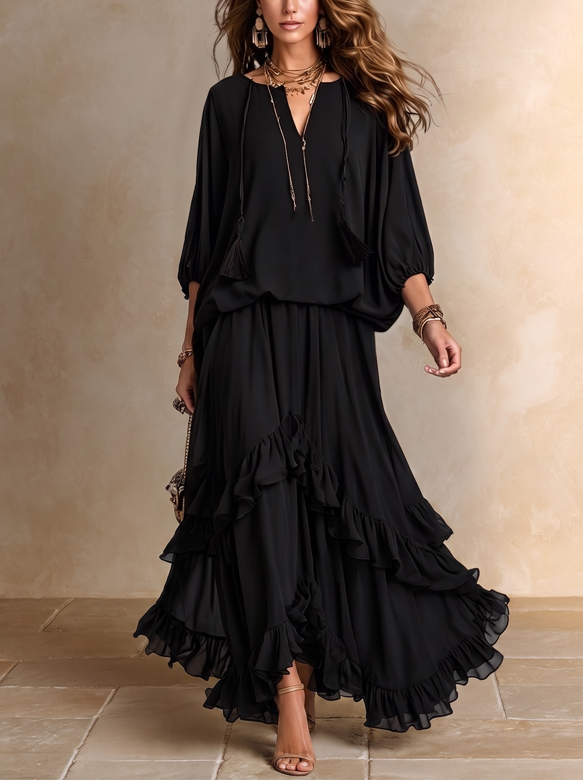 Annalisa | Conjunto de Blusa de Gasa y Falda de Olanes, Negro