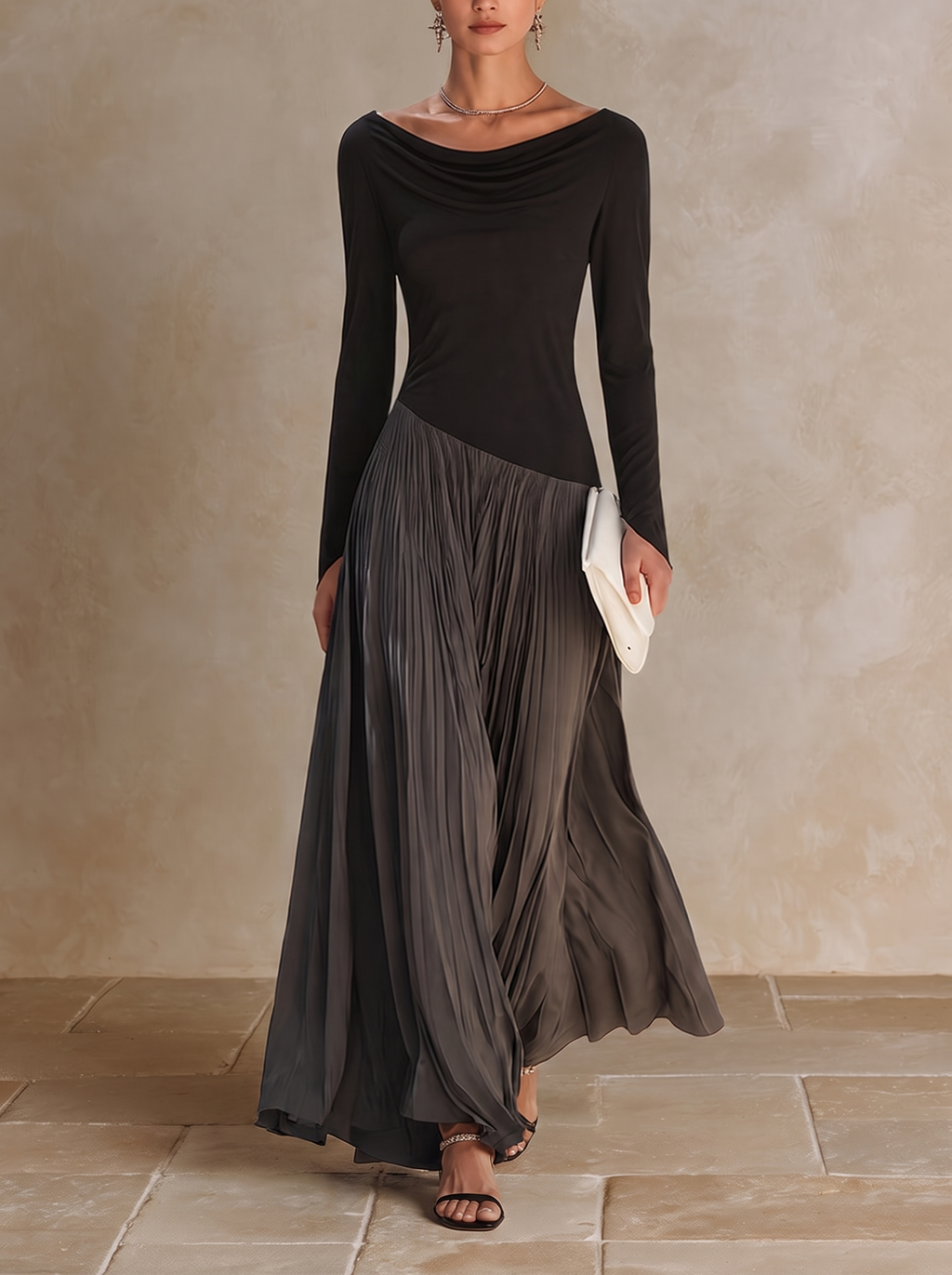Virginia | Vestido Largo Plisado con Cuello Drapeado, Negro y Gris