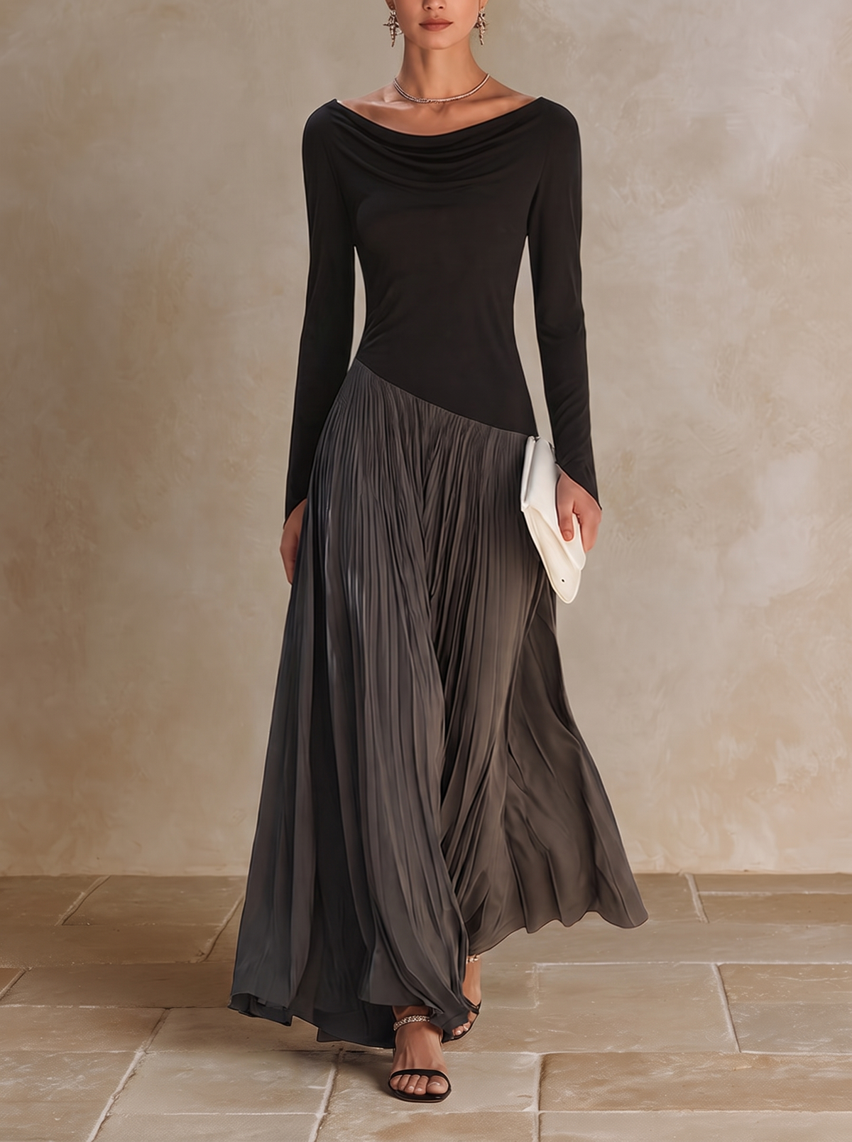 Virginia | Vestido Largo Plisado con Cuello Drapeado, Negro y Gris