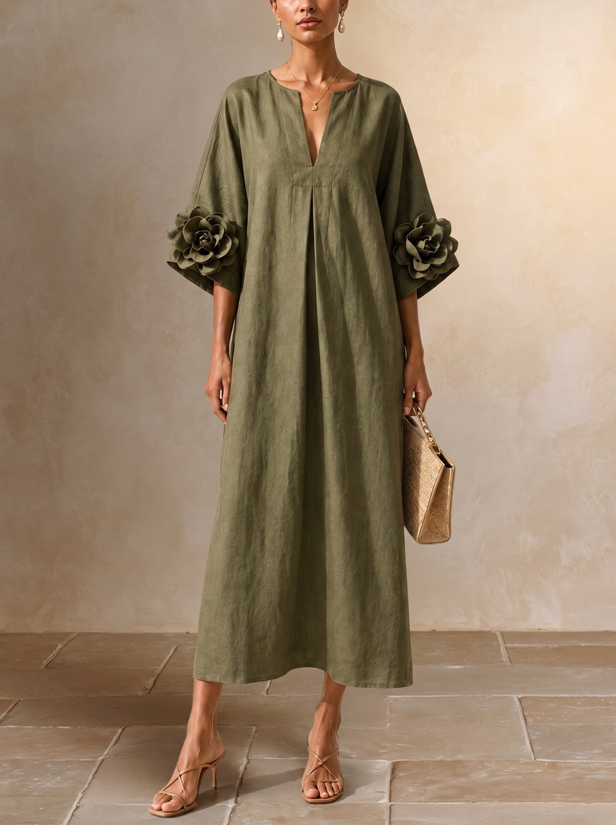 Floriana | Vestido Midi con Flores Aplicadas en las Mangas, Verde Olivo