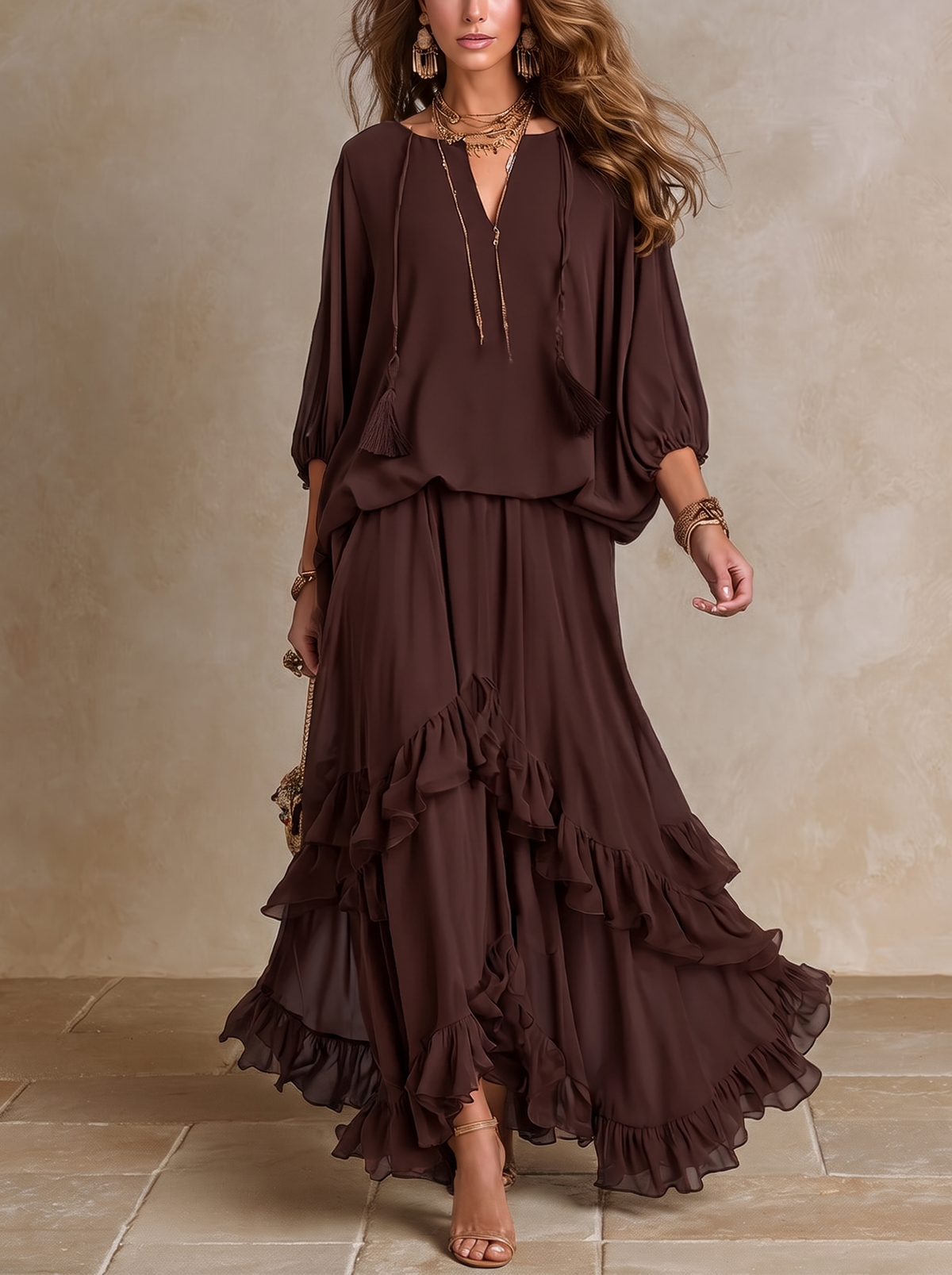 Dalila | Conjunto de Blusa de Gasa y Falda de Olanes, Chocolate