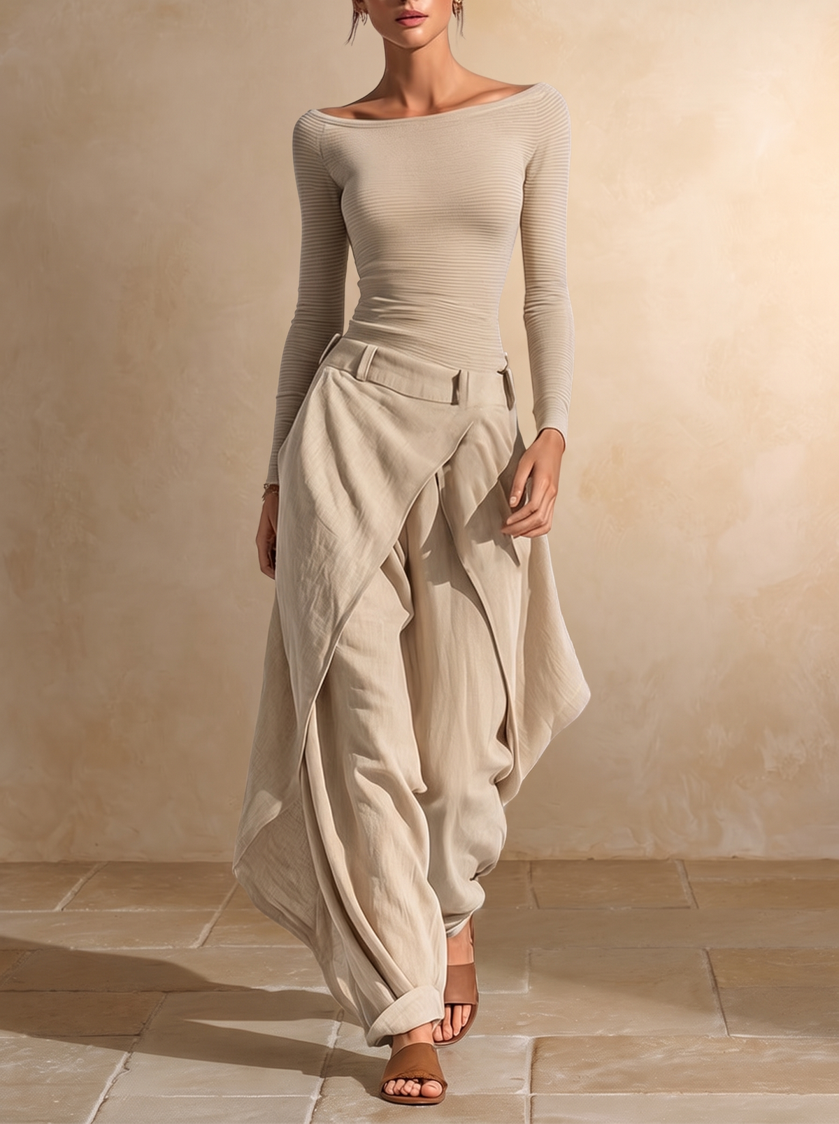 Orsola | Conjunto de Blusa Cuello Bote y Pantalón en Capas, Beige