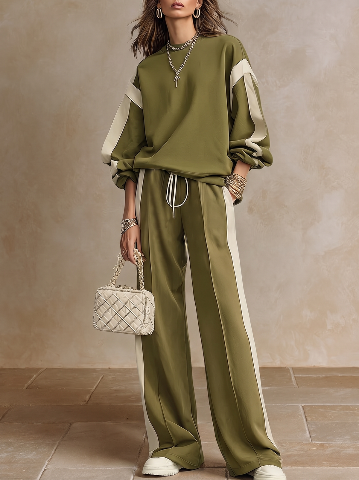 Romina | Conjunto de Sudadera y Pantalón con Franja Lateral, Verde Olivo