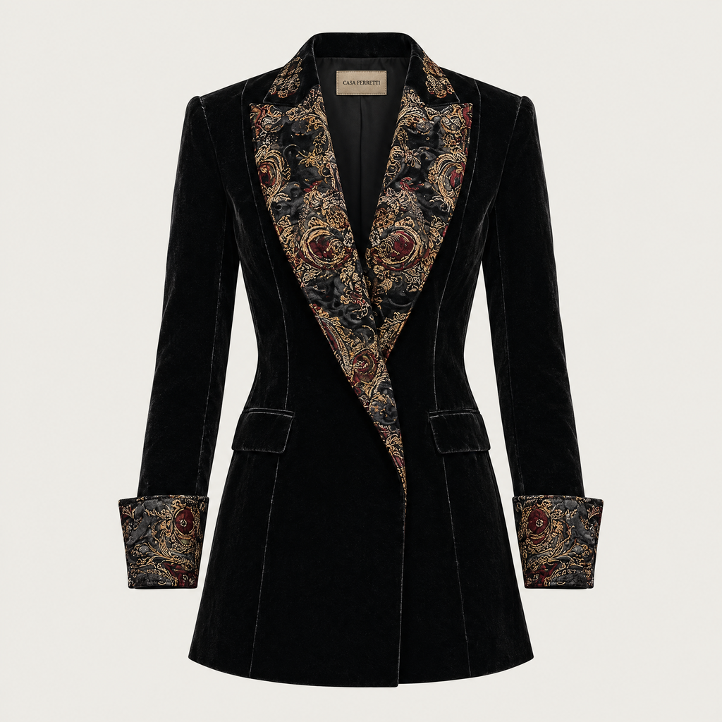 Leontina | Saco entallado con estampado barroco negro