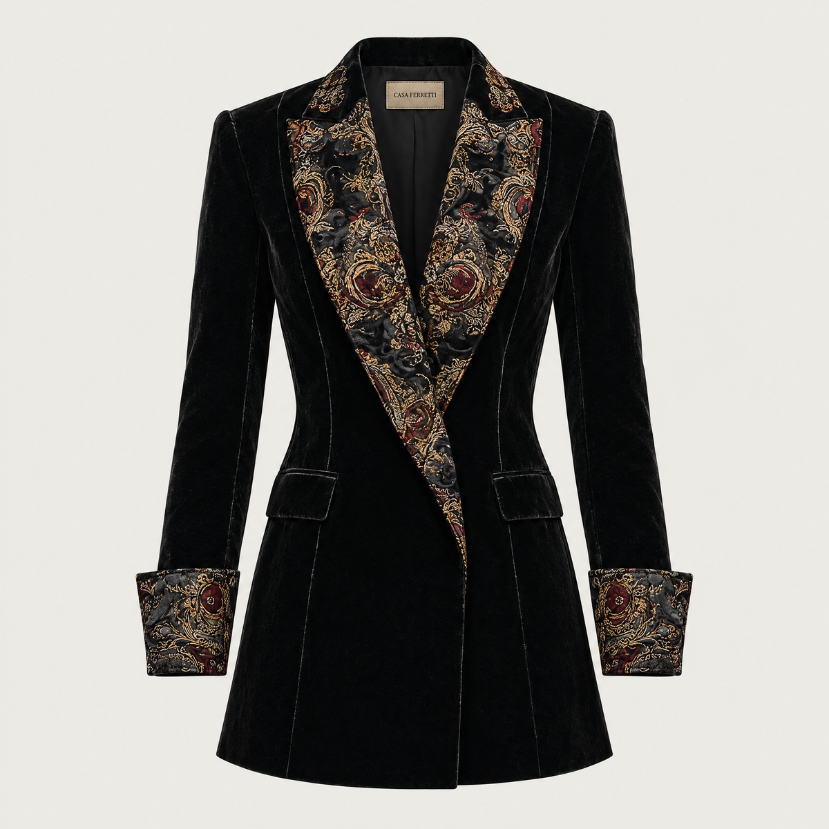 Leontina | Saco entallado con estampado barroco negro
