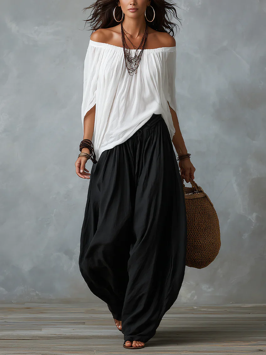 Conjunto Amara™ | Blusa Bardot Negra y Pantalón Lanterne Rojo