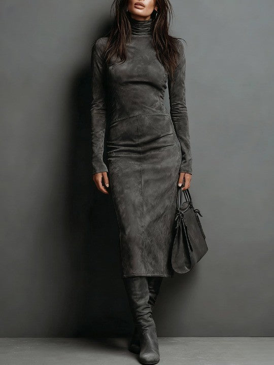 Lorène | Vestido Midi Café Efecto Ante