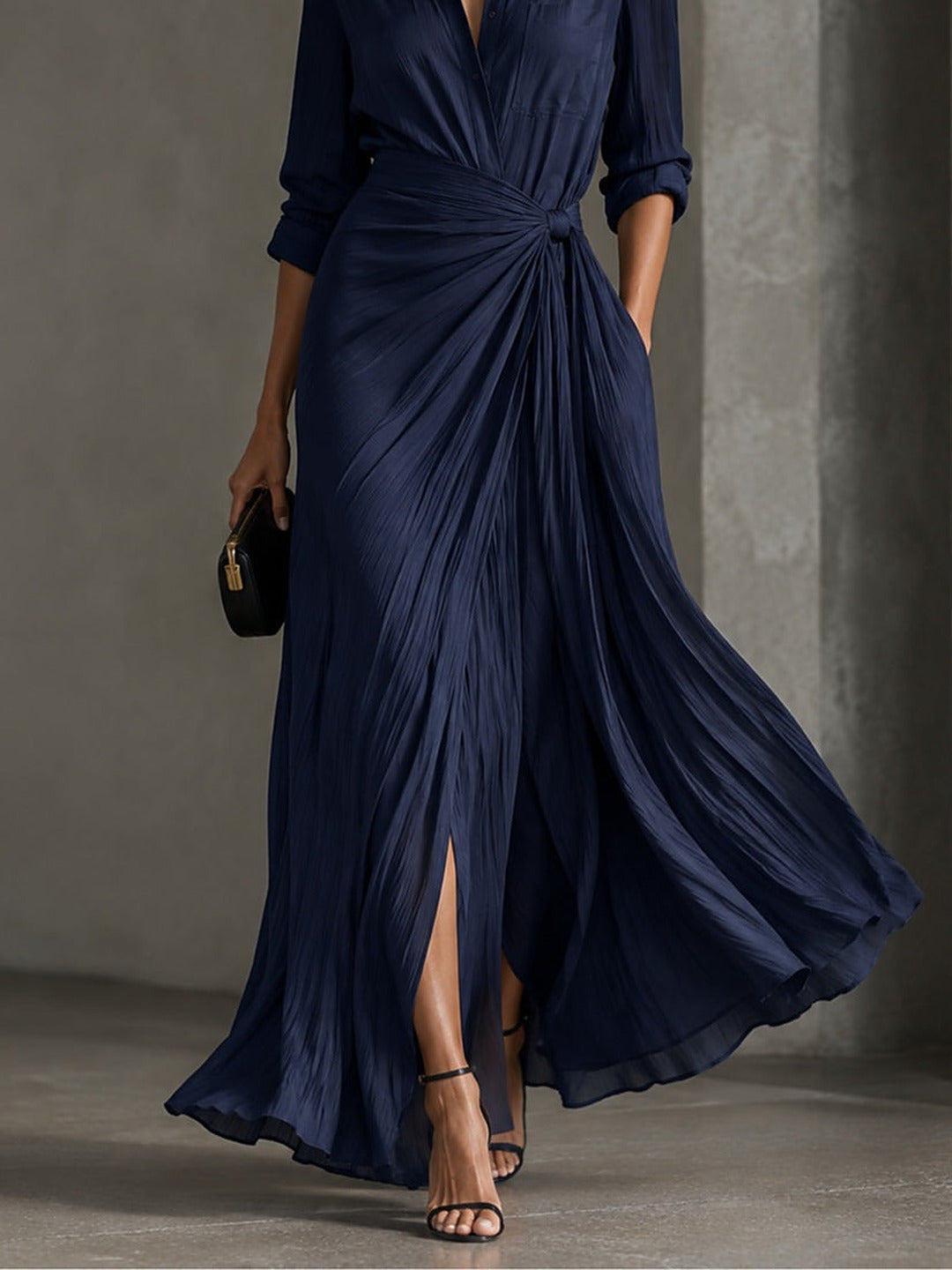 Allegra | Vestido Camisero Largo con Nudo en la Cintura, Azul Marino