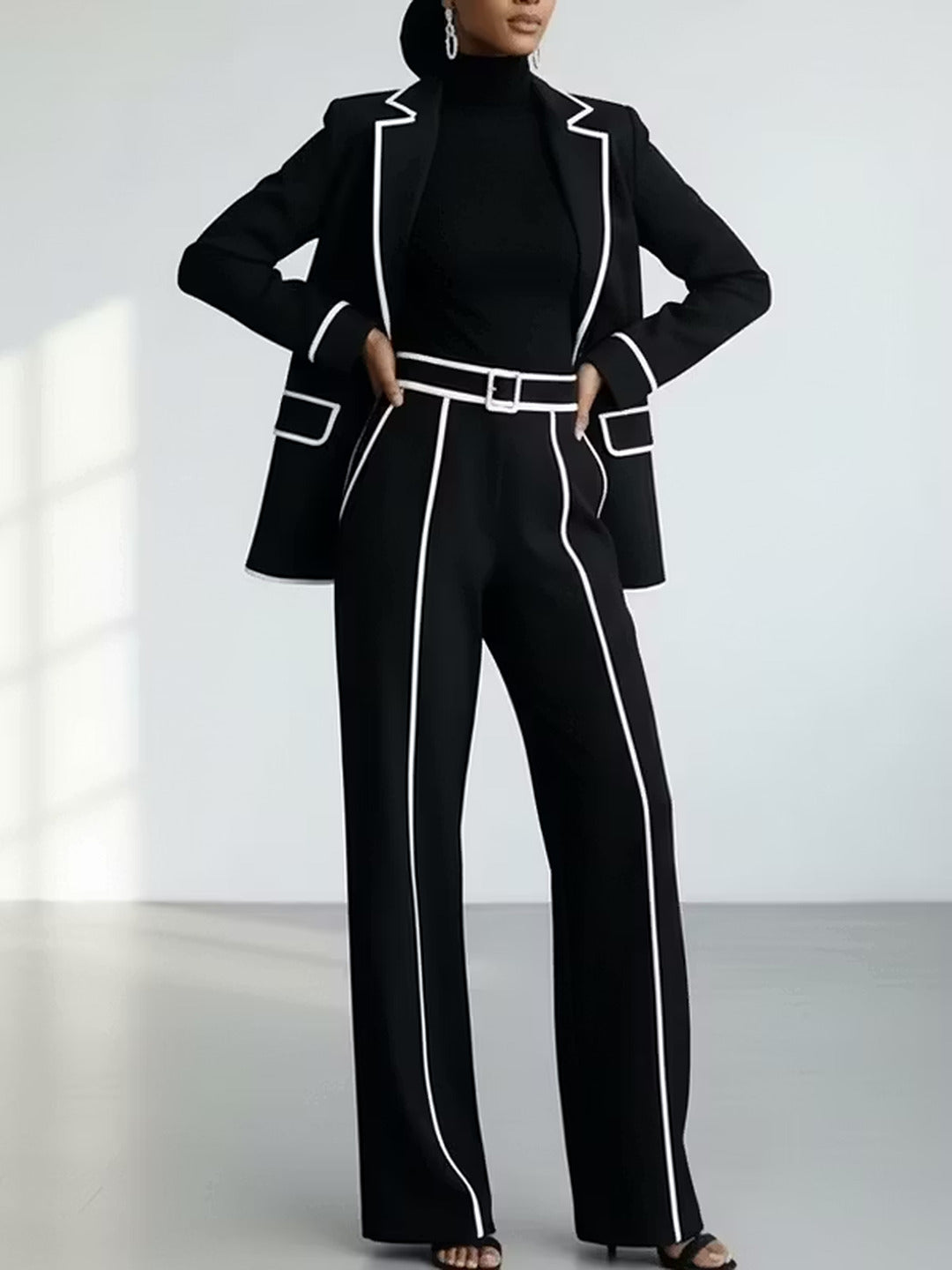 Clementina | Conjunto de Saco y Pantalón con Ribetes en Contraste, Negro