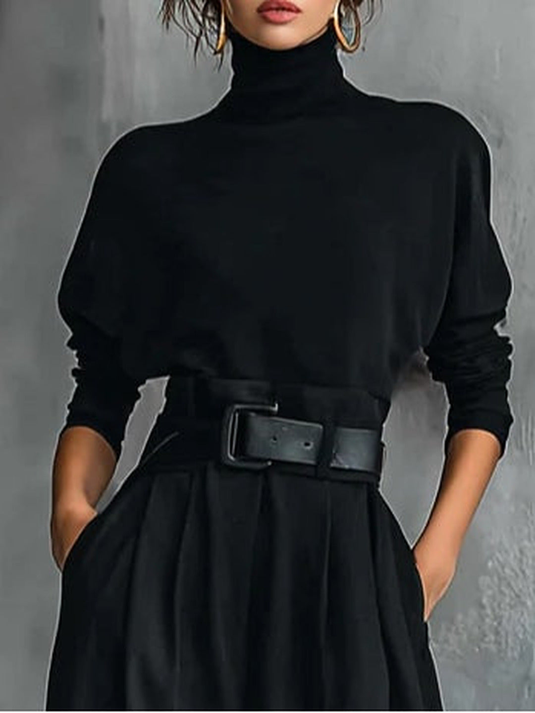 Jolanda | Conjunto de Suéter Cuello Alto y Pantalón con Cinturón, Negro