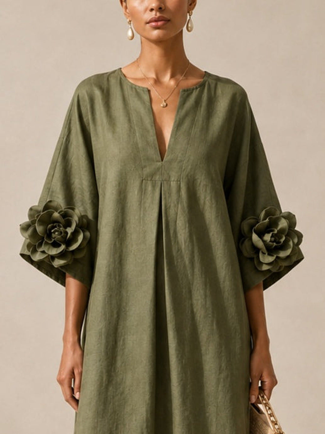 Floriana | Vestido Midi con Flores Aplicadas en las Mangas, Verde Olivo