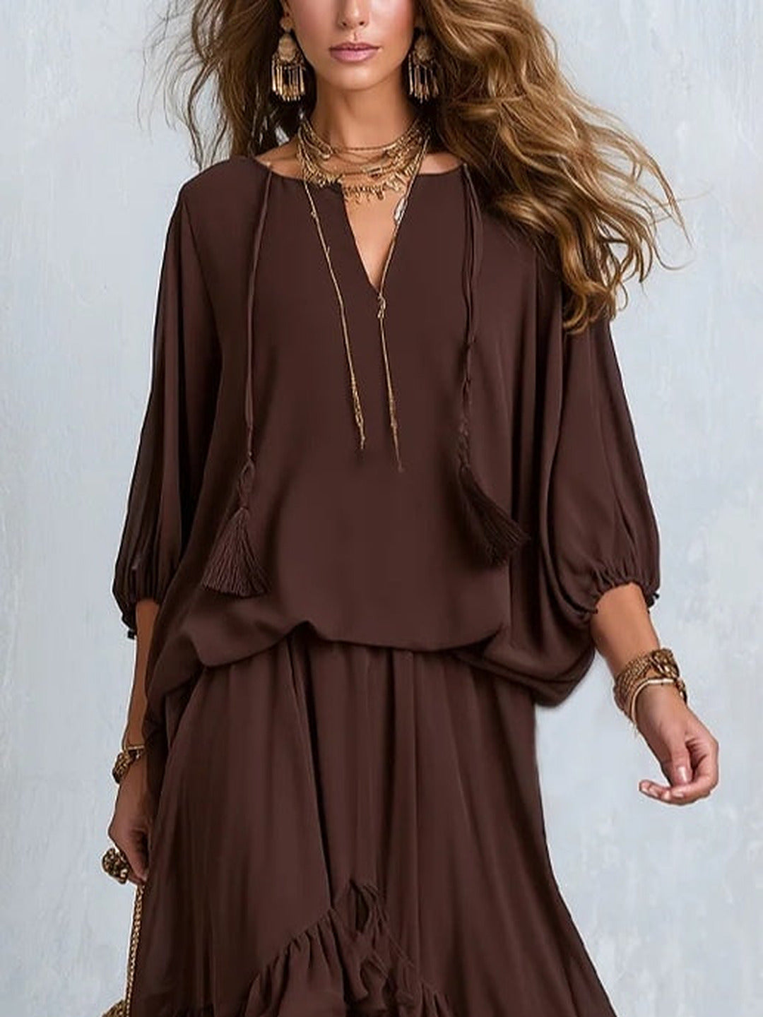 Dalila | Conjunto de Blusa de Gasa y Falda de Olanes, Chocolate