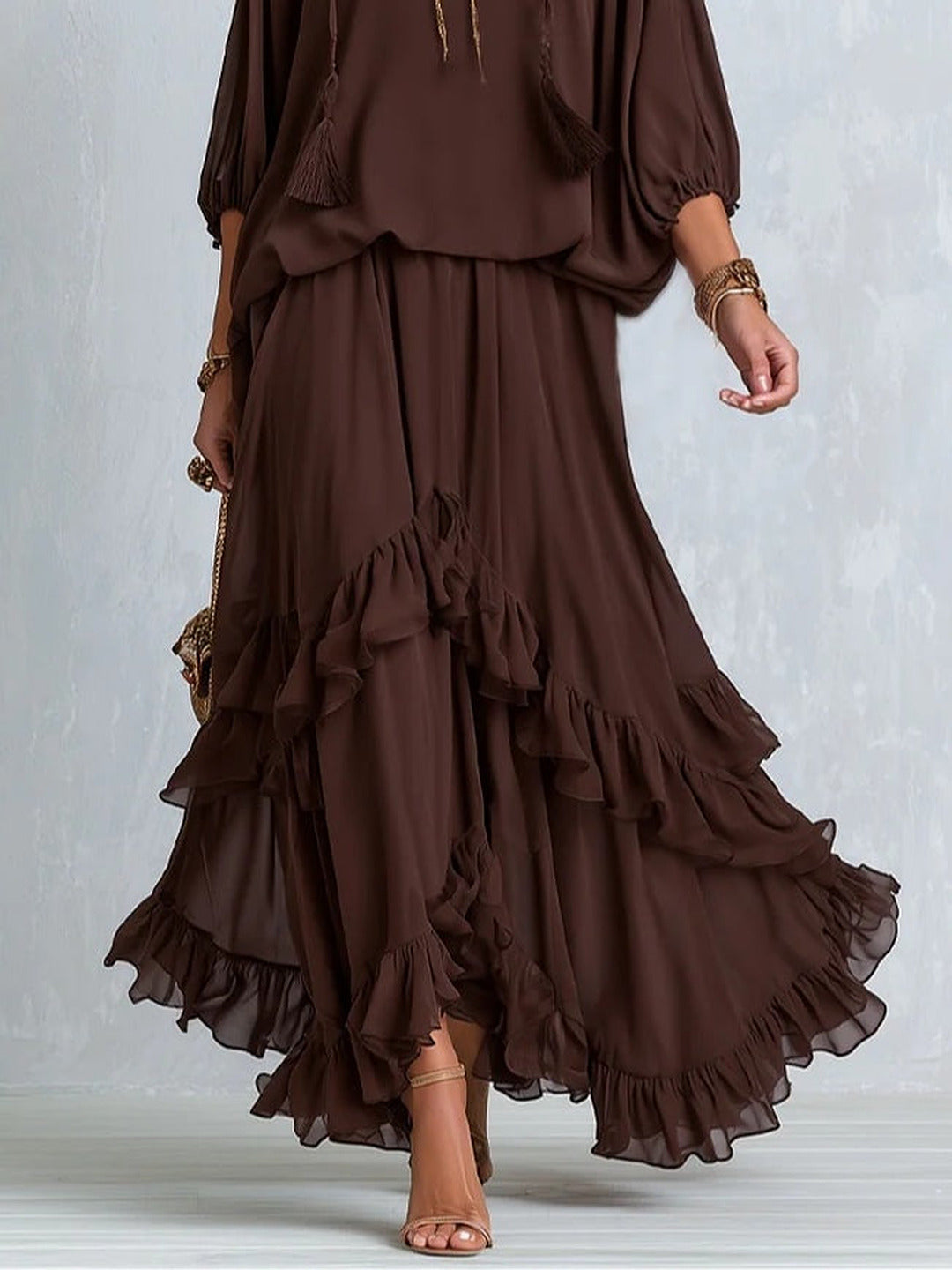 Dalila | Conjunto de Blusa de Gasa y Falda de Olanes, Chocolate