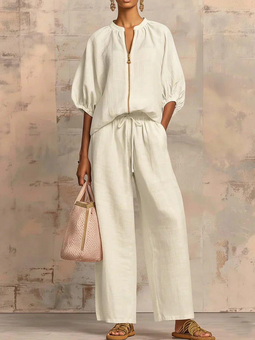 Conjunto Alba™ | Conjunto de lino con mangas murciélago y pantalón ancho